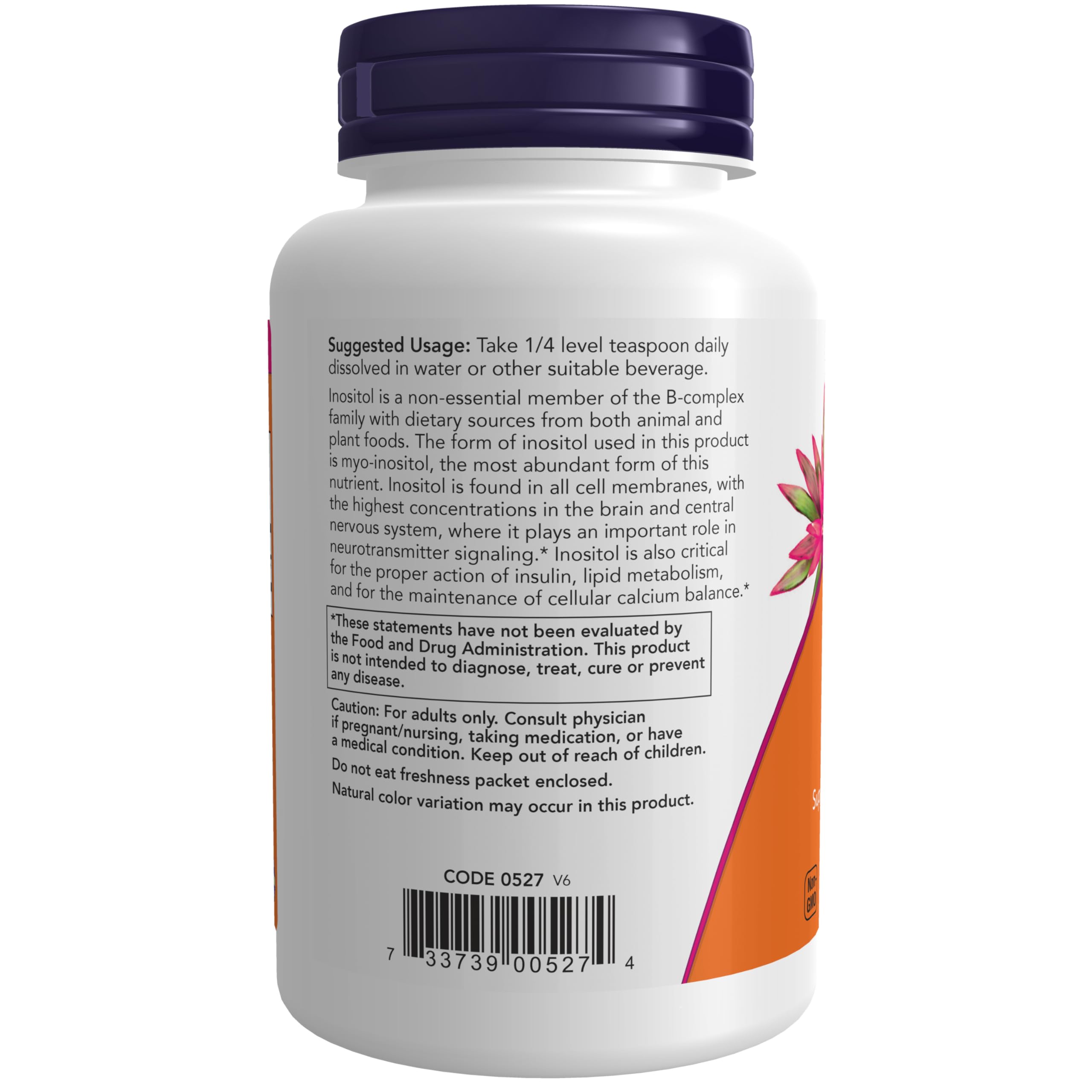 NOW Foods Inositol Powder label close-up emphasizing non-GMO and vegan certifications.