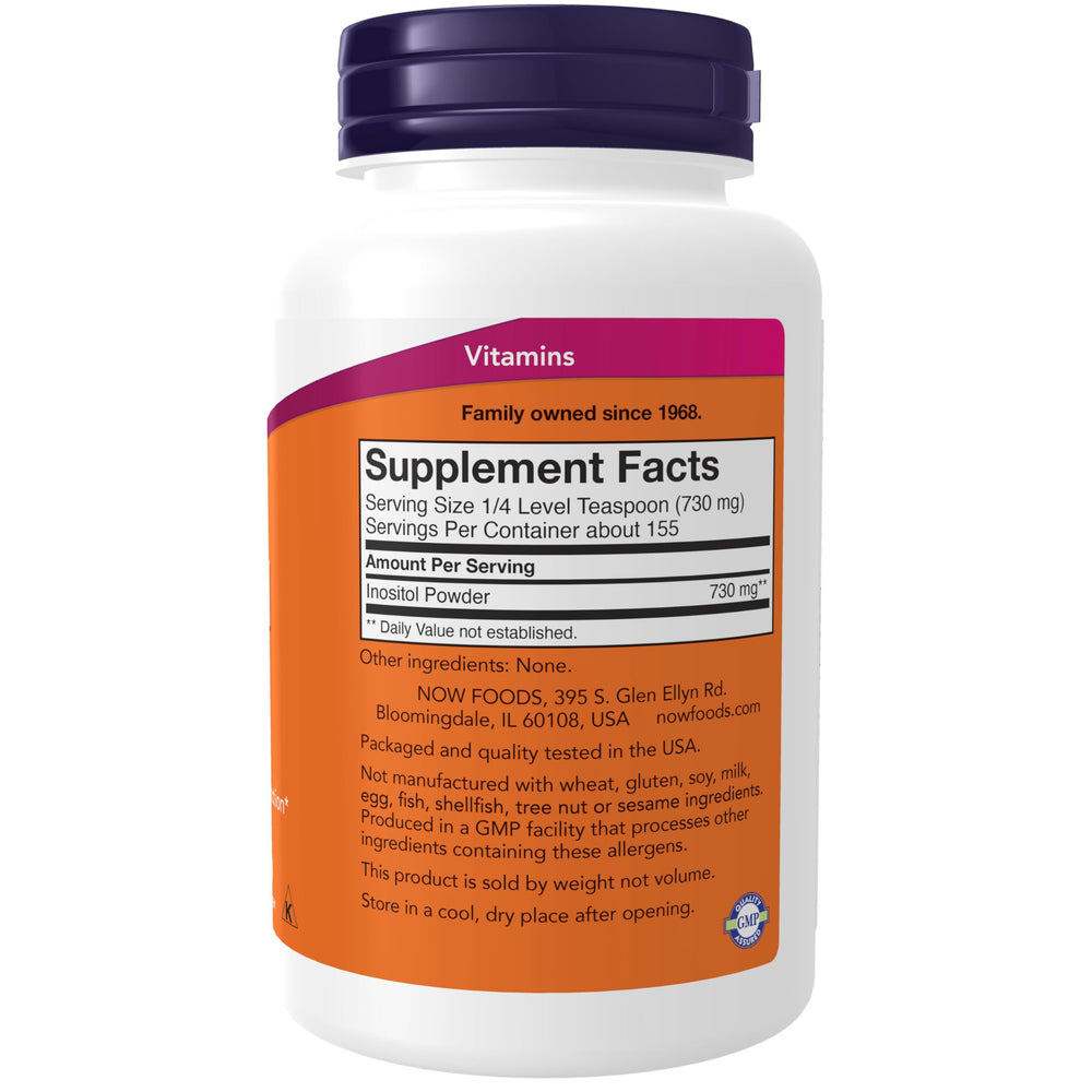 NOW Foods Inositol Powder scoop showing convenient serving for daily neurotransmitter signaling support.