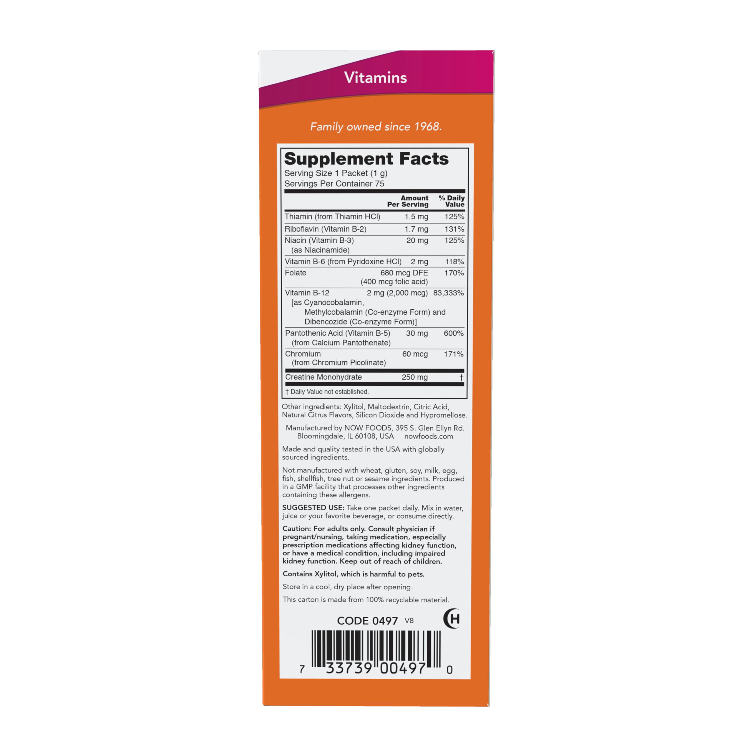 NOW Foods Instant Energy B-12 packet close-up showing high potency for a mental boost