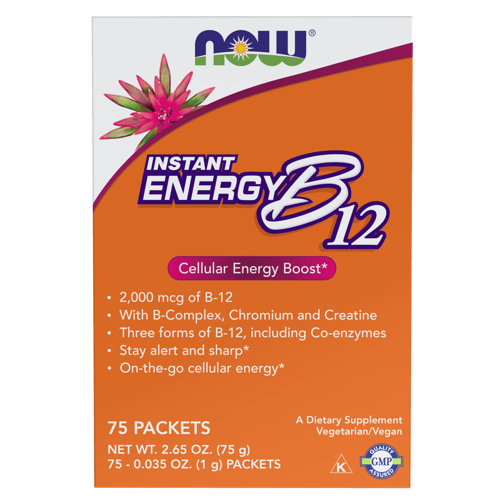 NOW Foods Instant Energy B-12 packets on a clean surface for quick daily fueling