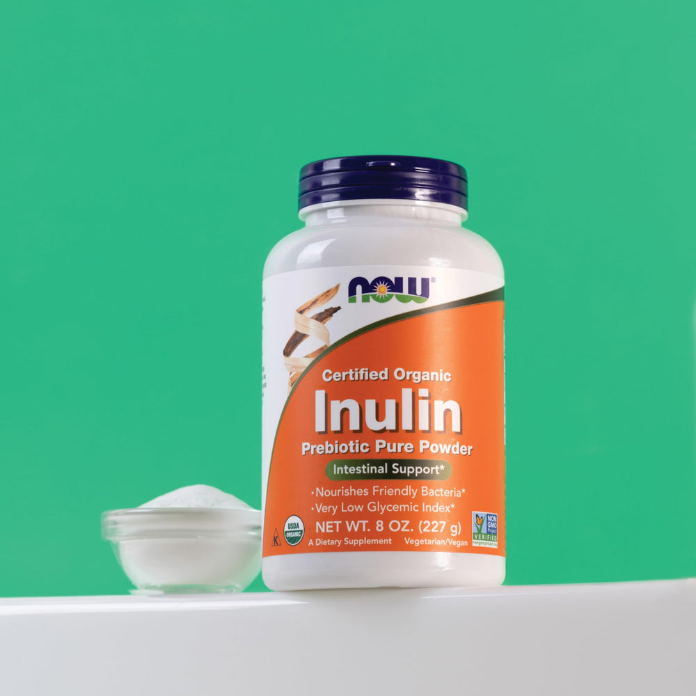 NOW Foods Inulin Prebiotic Powder fine texture suitable for recipes and drinks.