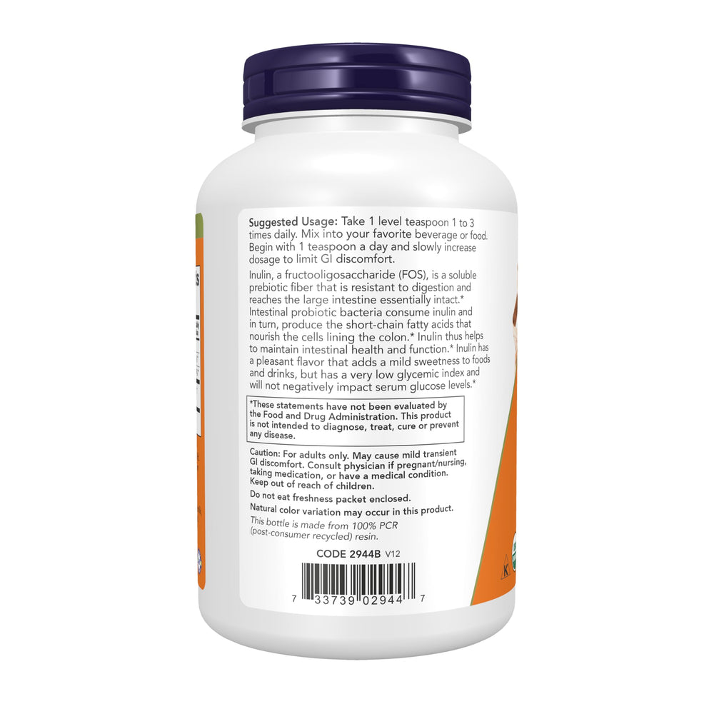 NOW Foods Inulin Prebiotic Powder label detail showing organic and non-GMO verification.