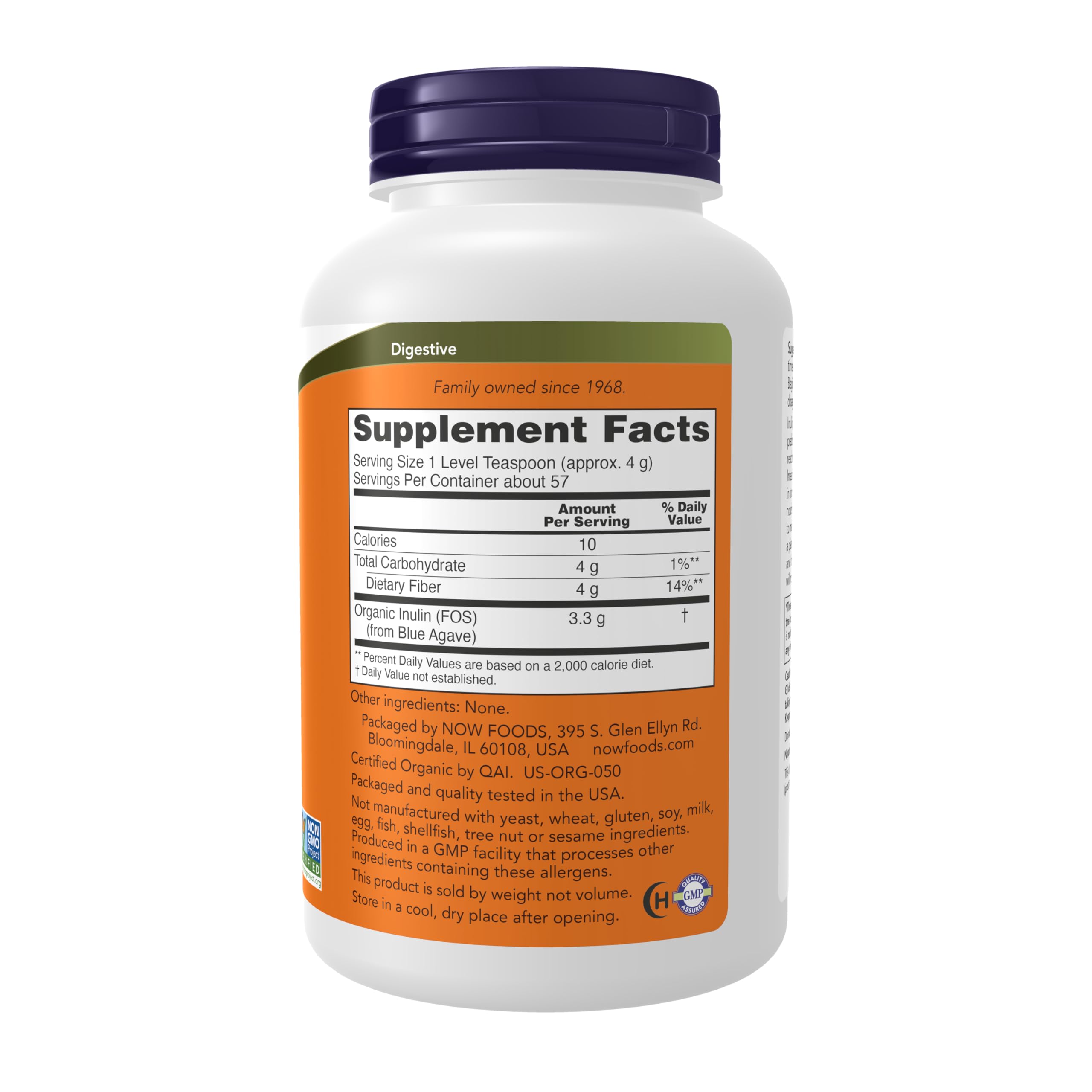 NOW Foods Inulin Prebiotic Powder scoop for easy daily fiber intake.