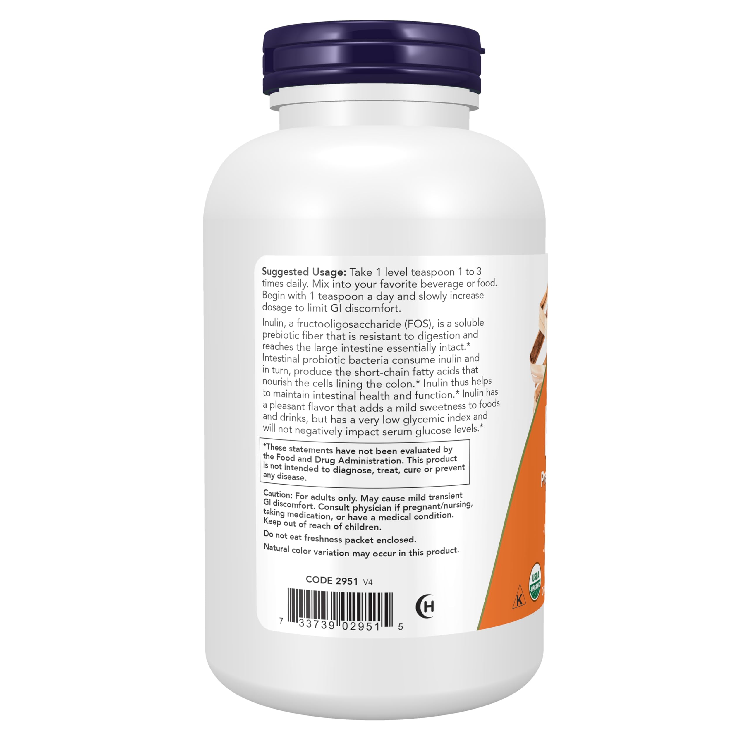 NOW Foods Inulin Prebiotic powder tub closeup highlights premium quality