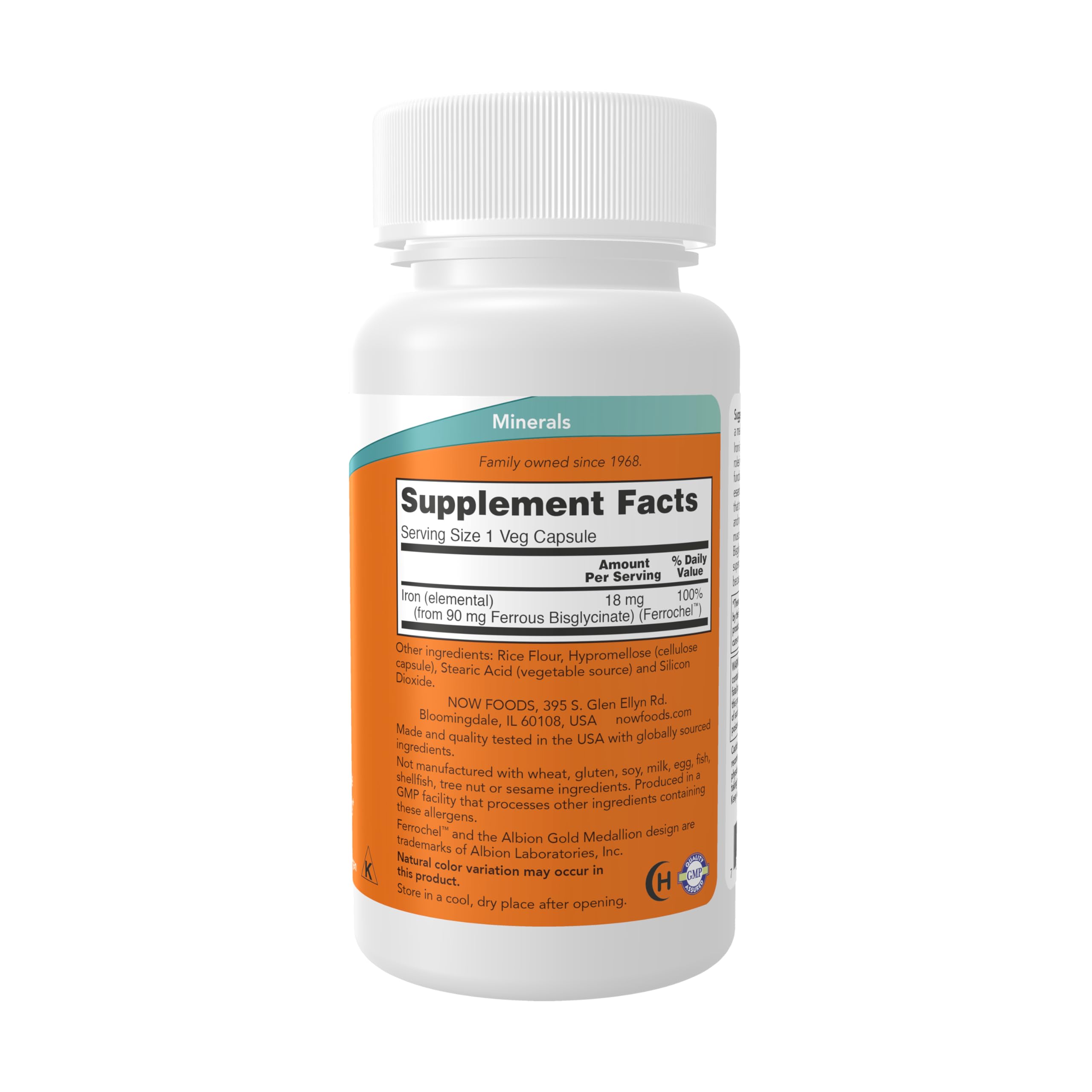 NOW Foods Iron 18 mg non-constipating formulation capsule close-up.