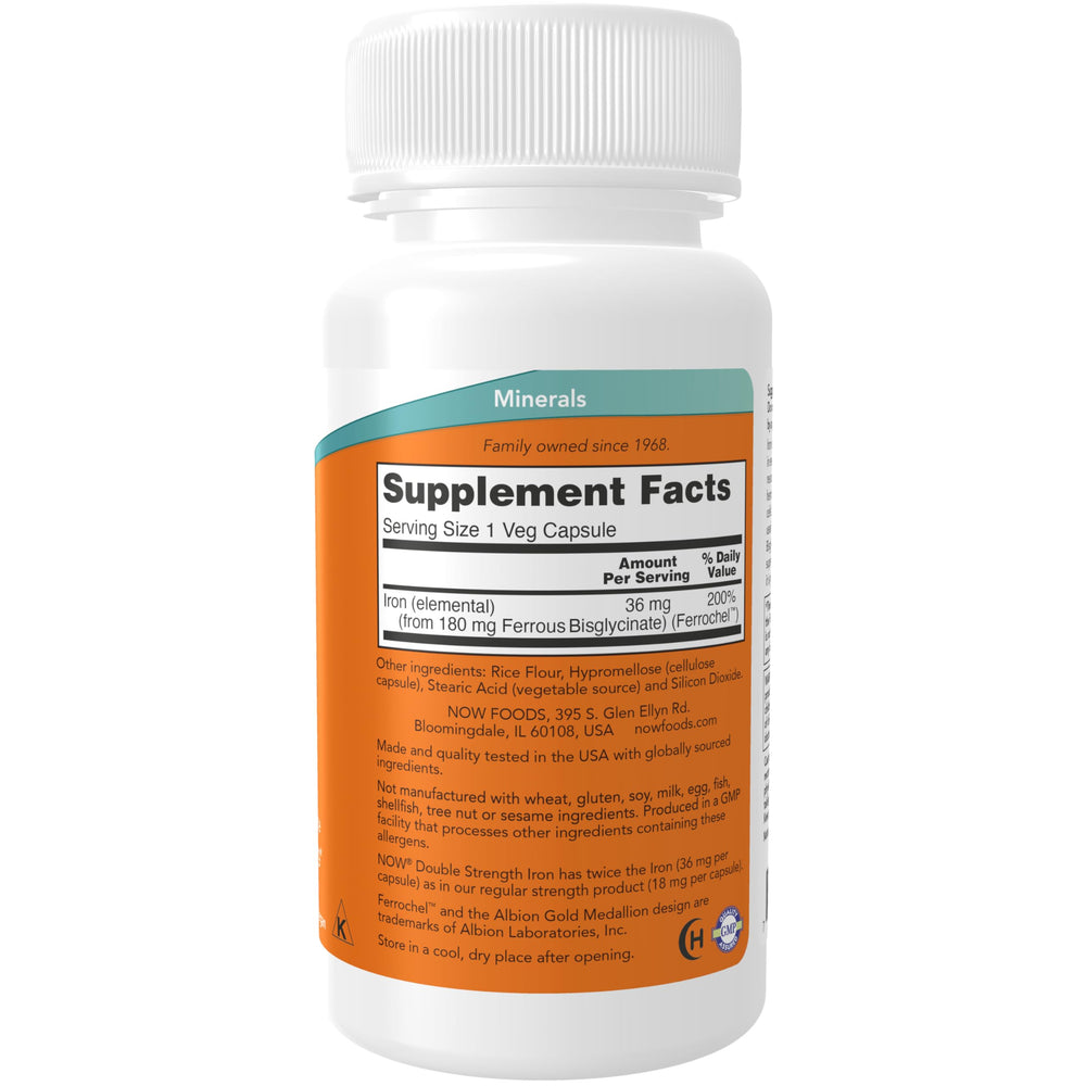 NOW Foods Iron 36 mg capsules closeup; small easy-to-swallow capsules supporting daily wellness
