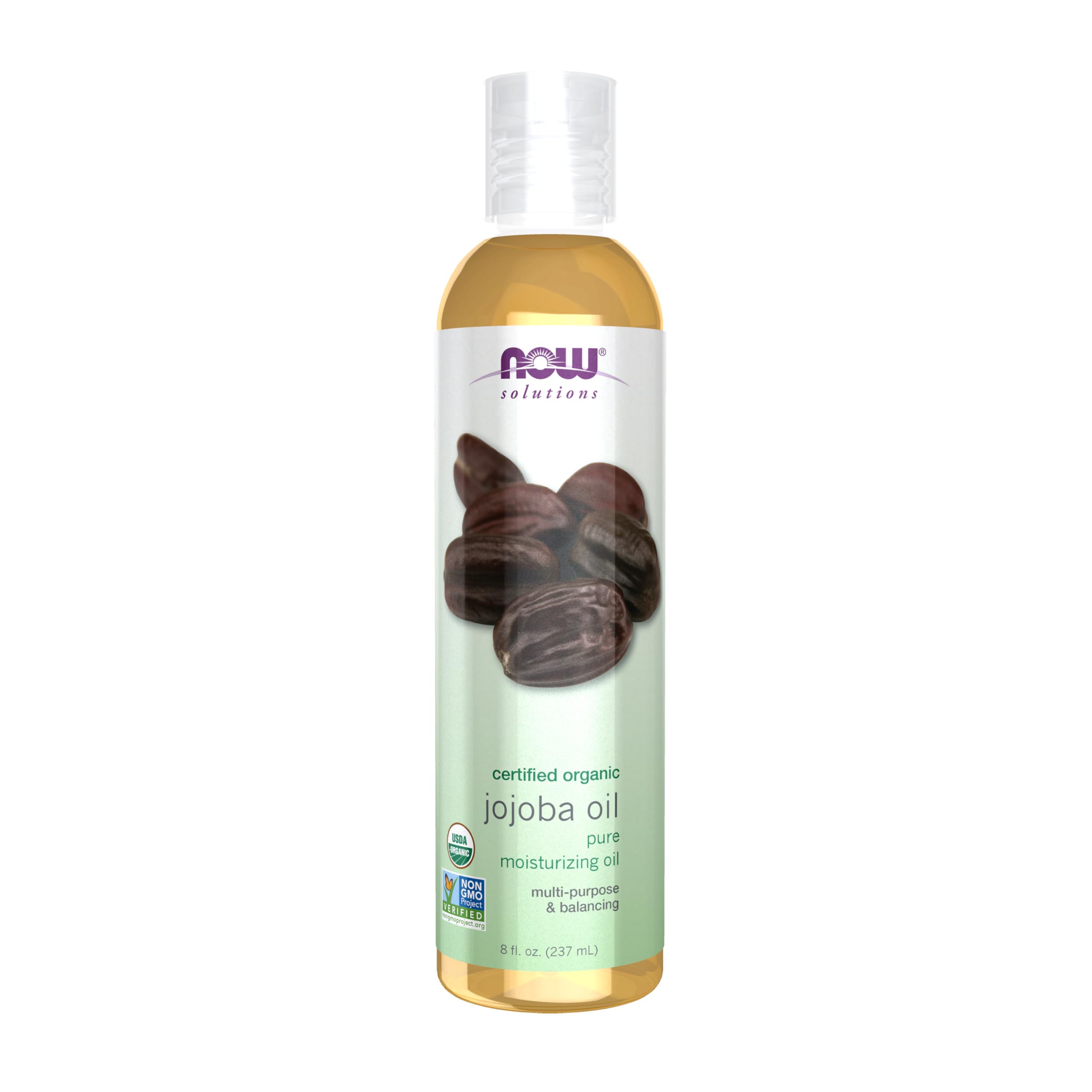 NOW Foods Jojoba oil bottle close-up for daily skin hydration.