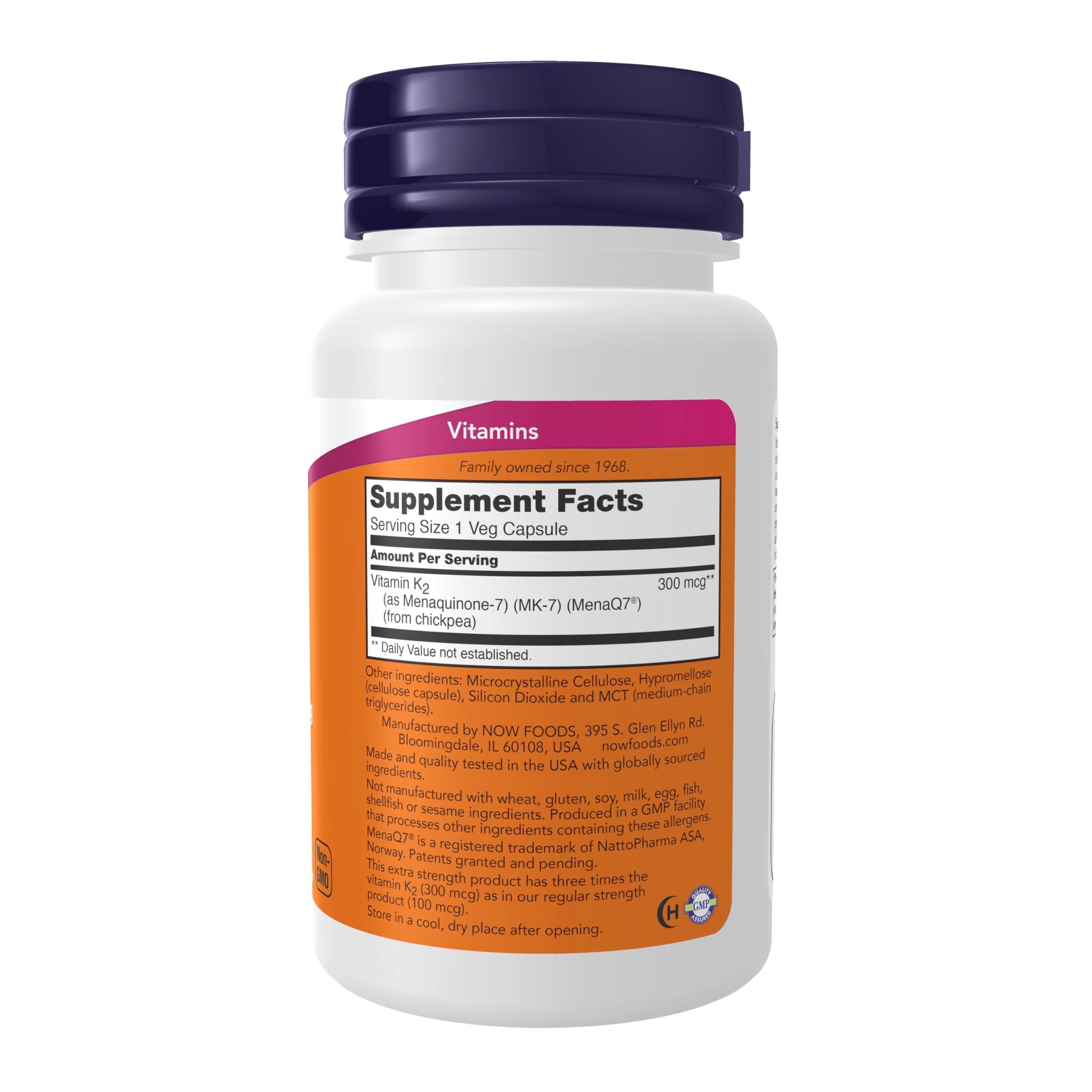 NOW Foods K2 MK-7 capsules closeup shows easy-to-take vegan capsules