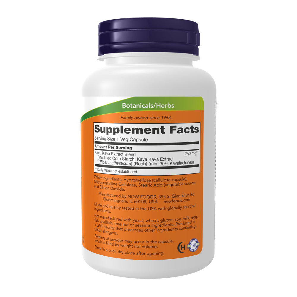 NOW Foods Kava Kava bottle label highlighting 30% kavalactones potency.