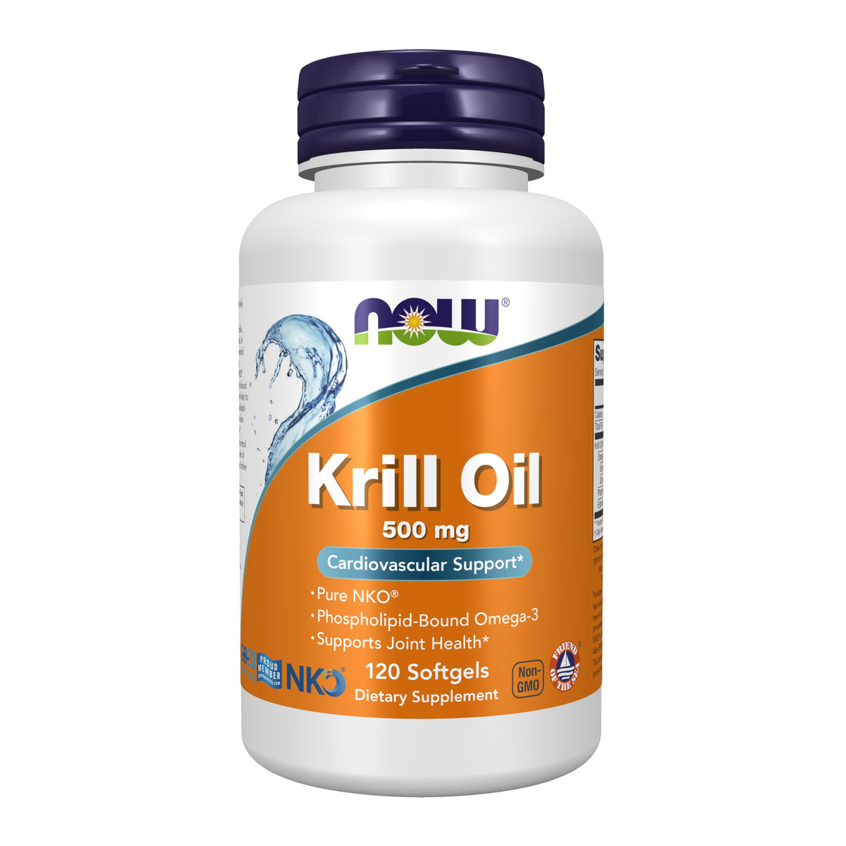 NOW Foods Krill Oil 500 mg bottle close-up emphasizing omega-3 content and freshness