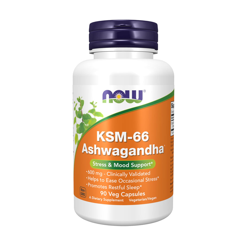 NOW Foods KSM-66 Ashwagandha capsules bottle supports ease of occasional stress