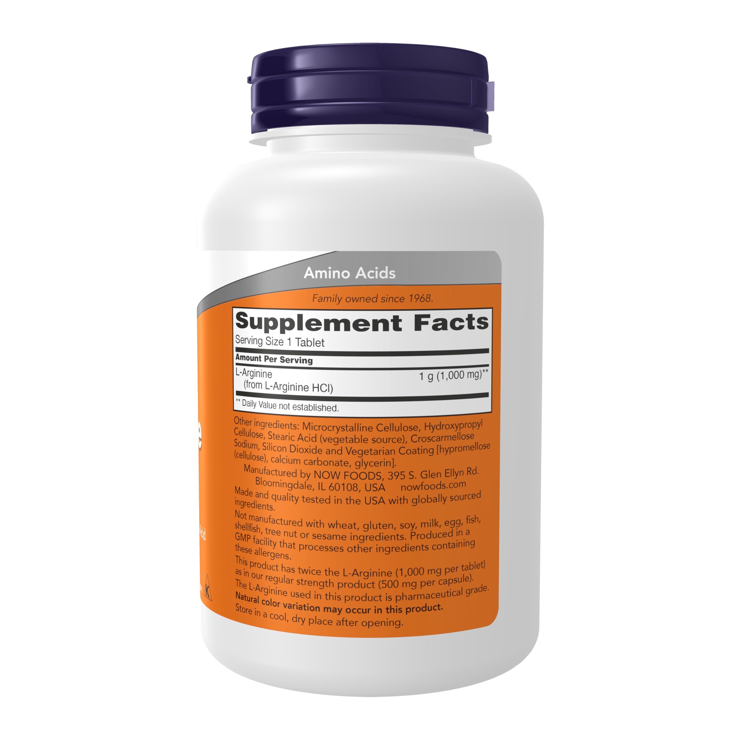 NOW Foods L-Arginine 1000 mg label closeup, hints at purity and quality.