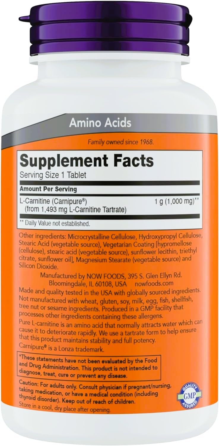NOW Foods L-Carnitine 1000mg packaging highlights Carnipure purity