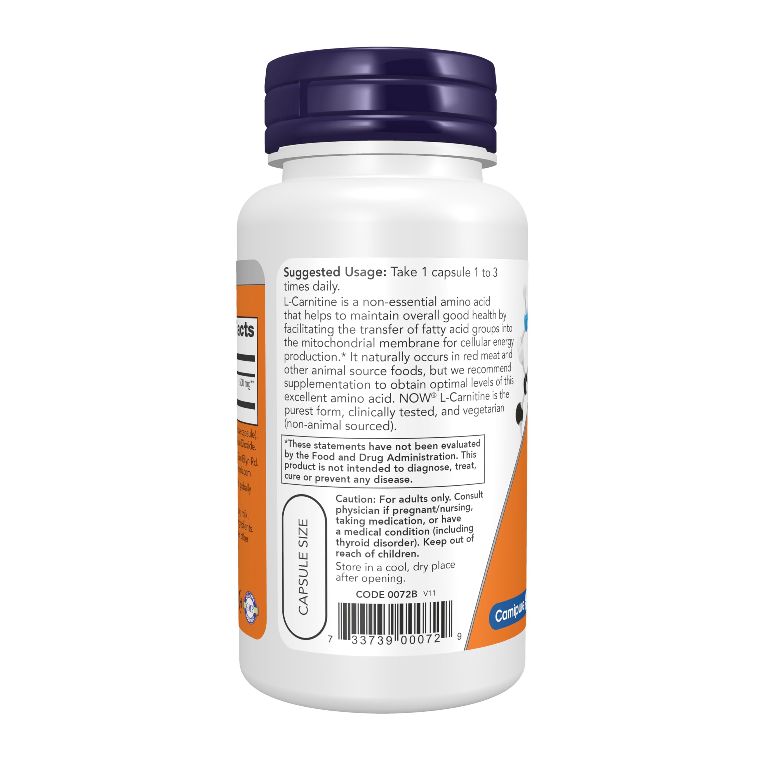 NOW Foods L-Carnitine 500 mg label close-up, pure vegetarian formula.