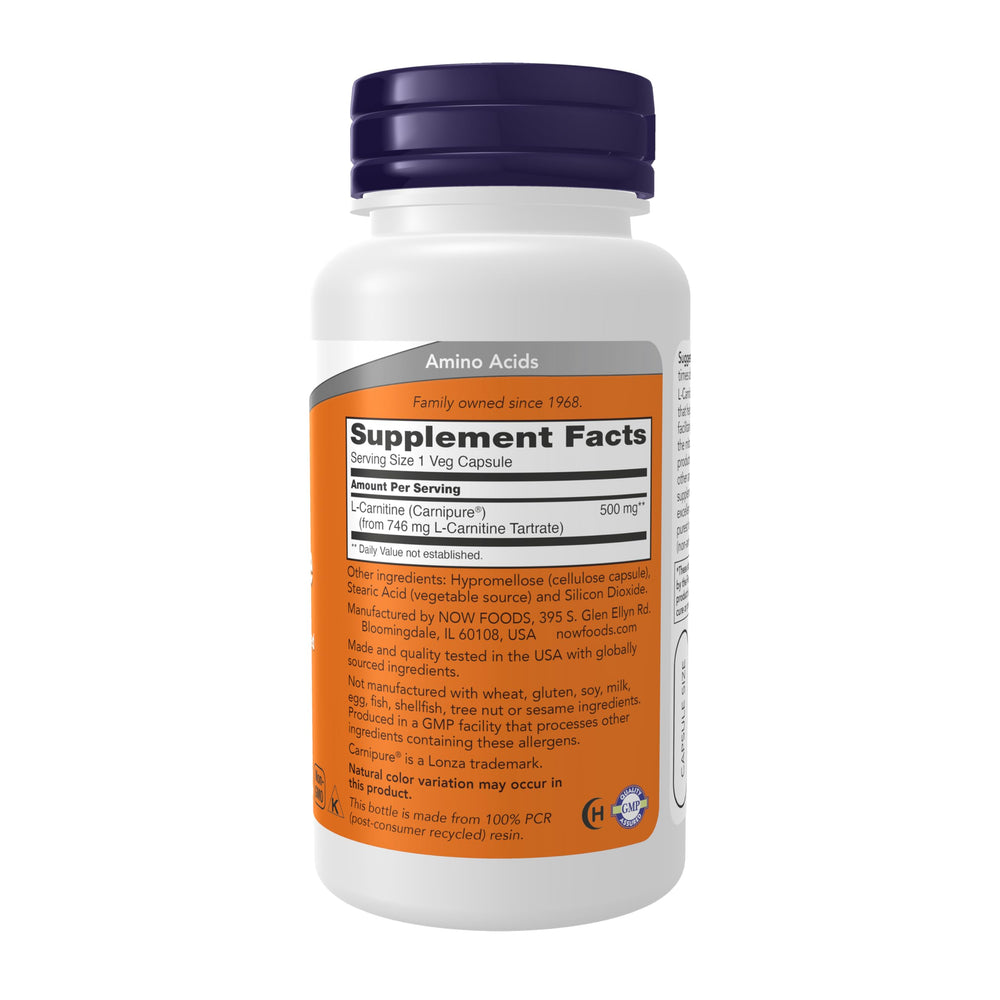 NOW Foods L-Carnitine 500 mg vegetarian capsules for daily energy.