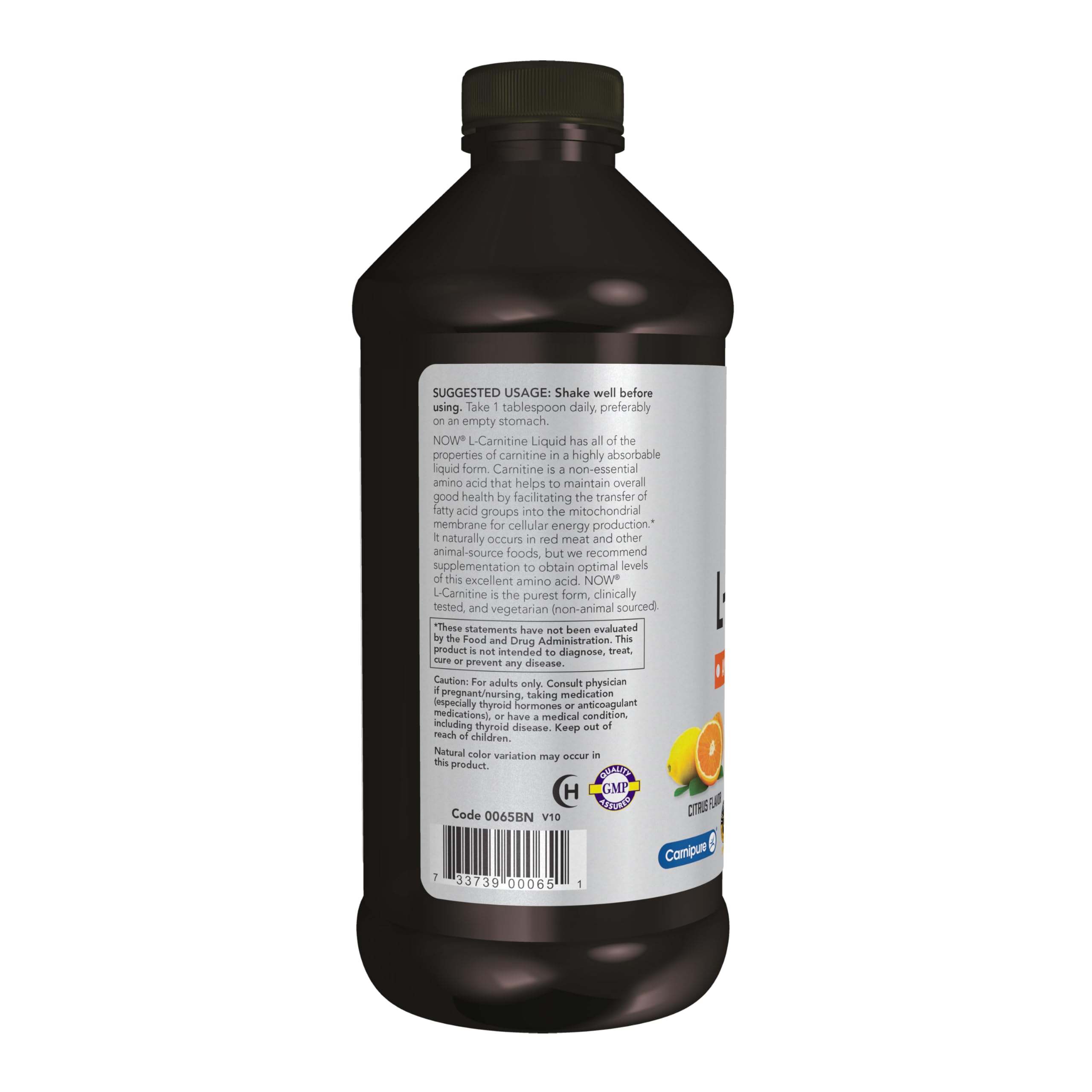 NOW Foods L-Carnitine Liquid citrus flavor label close-up for tasty supplementation.