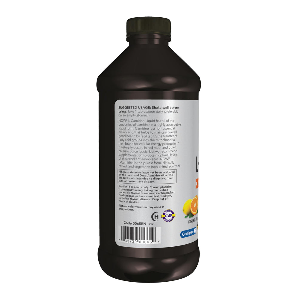 NOW Foods L-Carnitine Liquid citrus flavor label close-up for tasty supplementation.