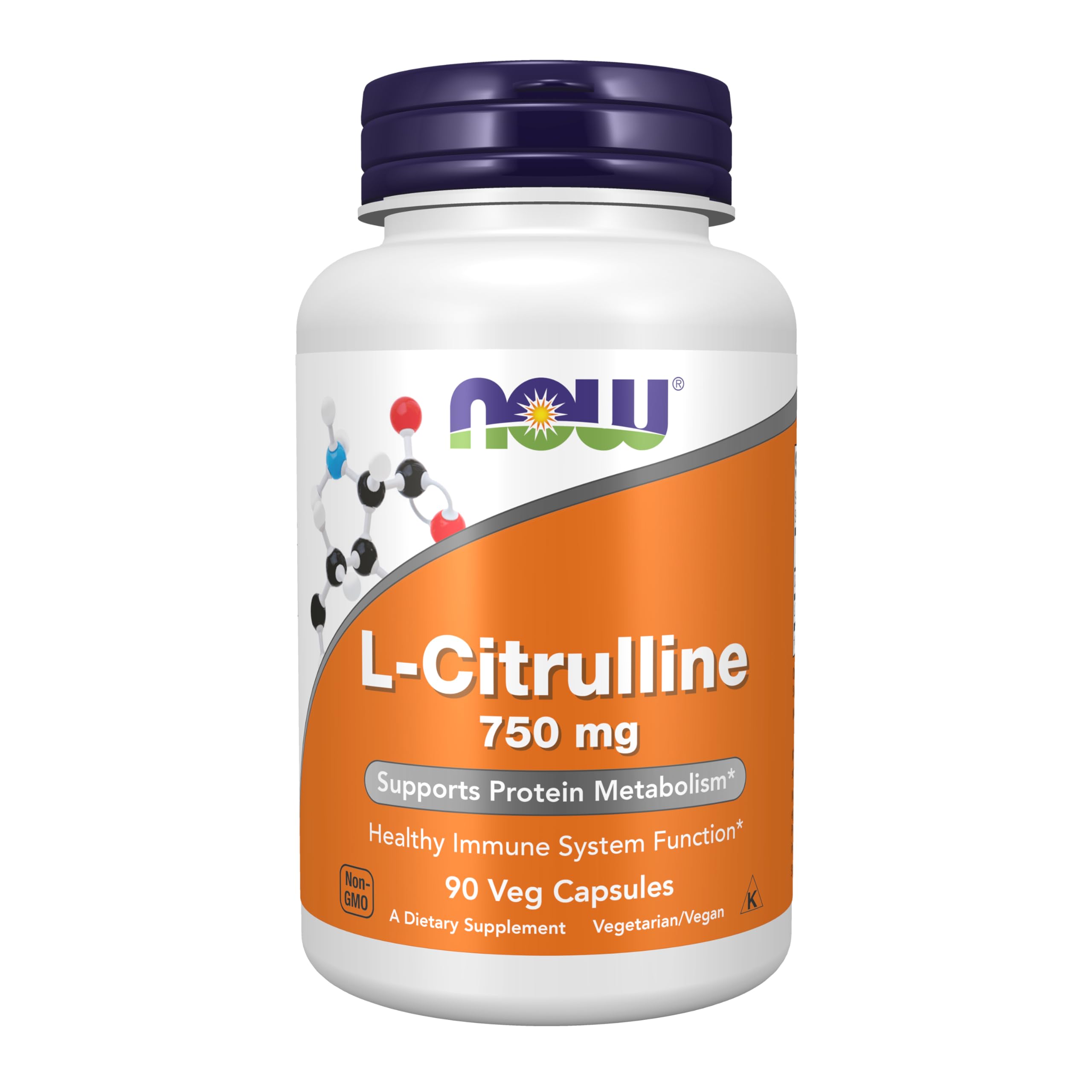 NOW Foods L-Citrulline 750 mg bottle supports protein metabolism.
