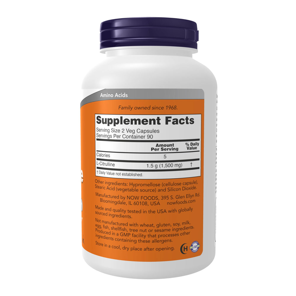 NOW Foods L-Citrulline 750 mg label highlighting dairy-free and gluten-free certifications.