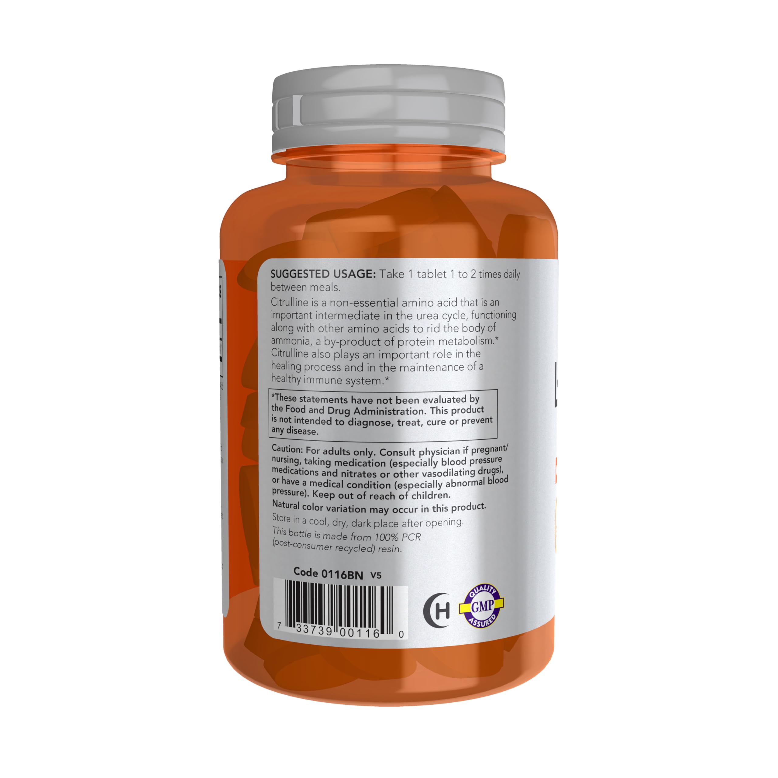 NOW Foods L-Citrulline nutrition label with GMP quality emphasis