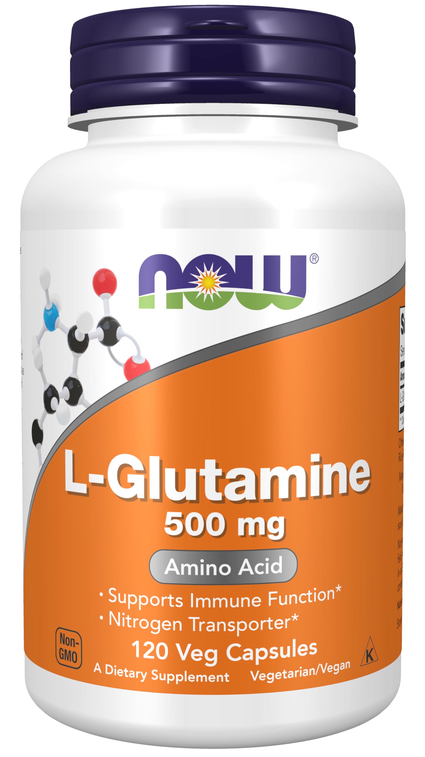 NOW Foods L-Glutamine bottle with capsules highlighting nitrogen transporter support.