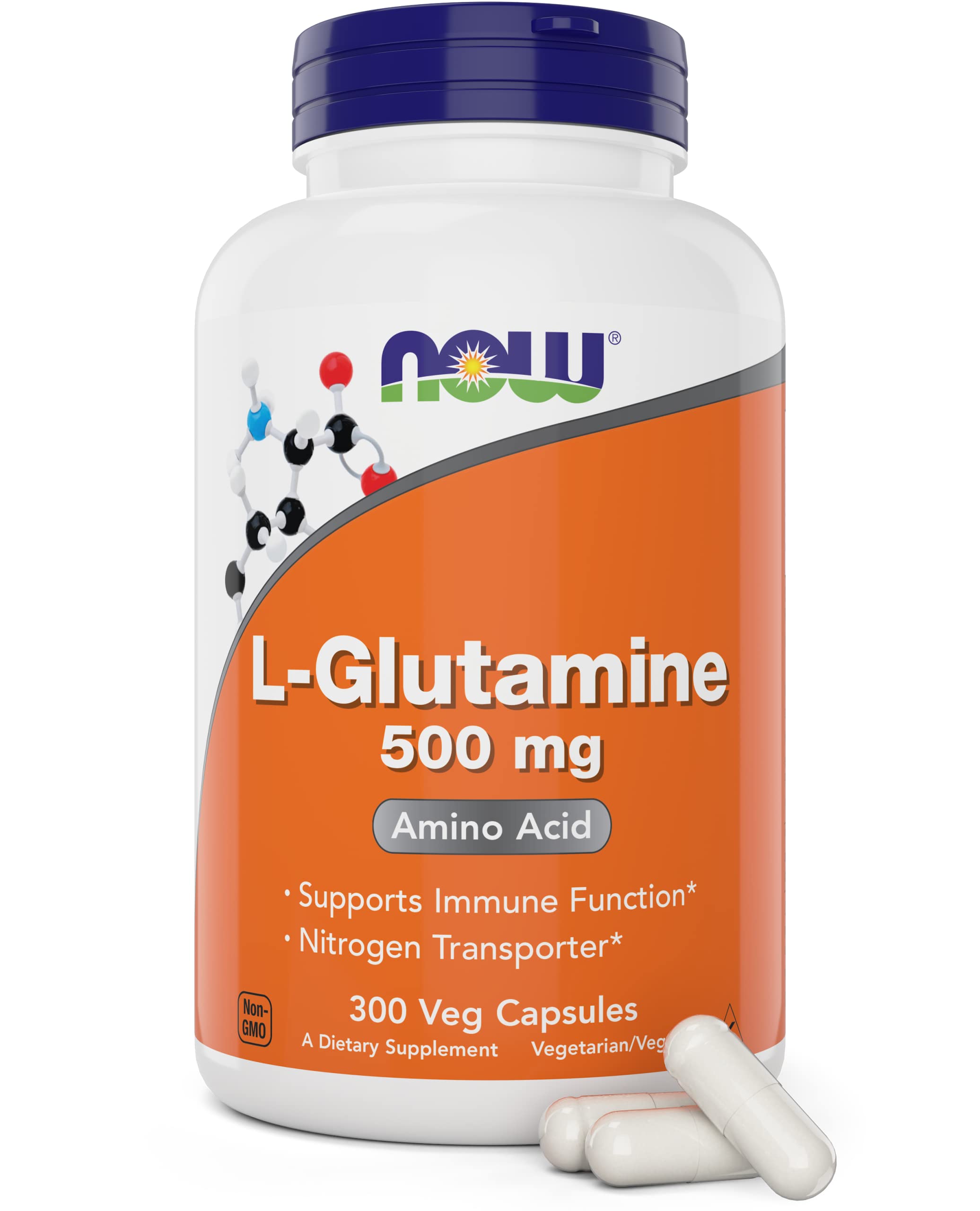 NOW Foods L-Glutamine 500mg capsules packshot showing vegan, non-GMO formula