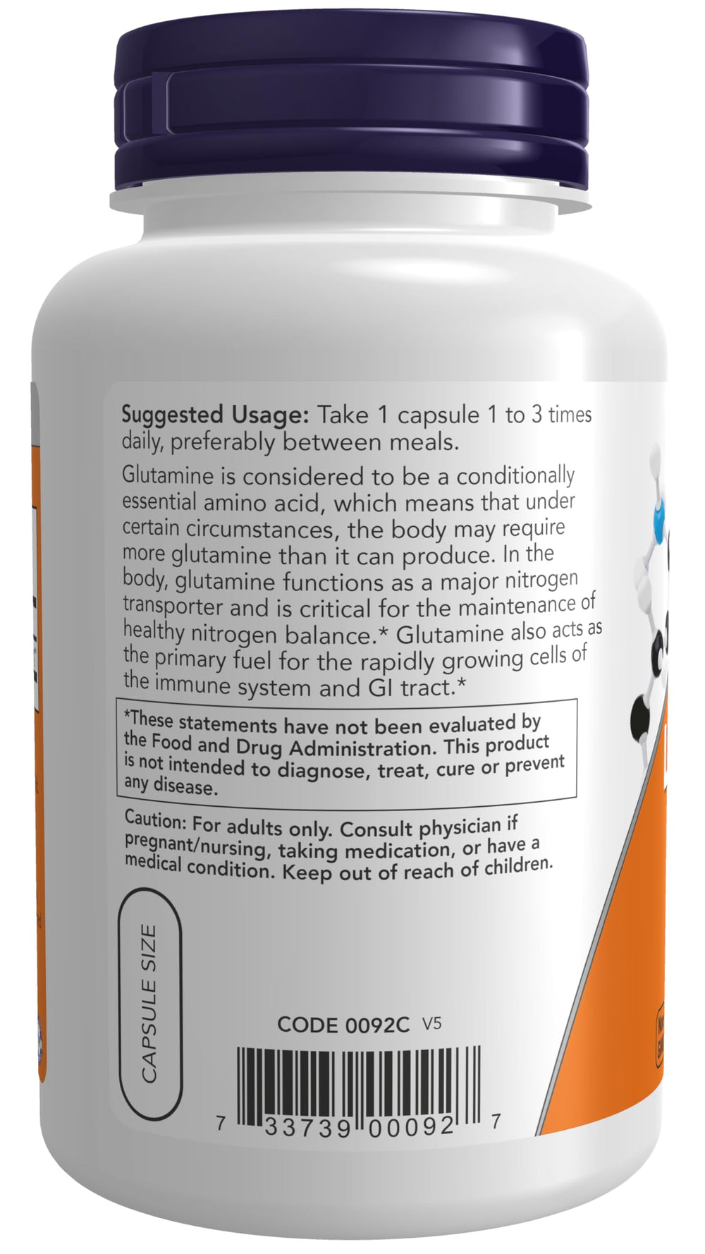 NOW Foods L-Glutamine capsules on a clean label, easy daily supplement.