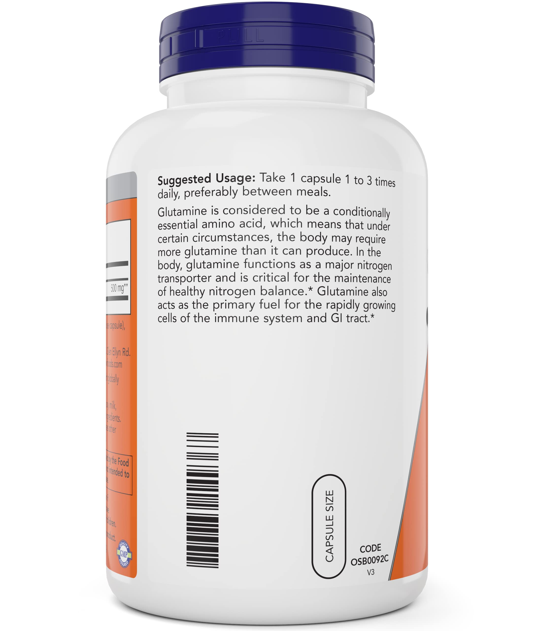 NOW Foods L-Glutamine capsules on-the-go in a gym bag for easy intake