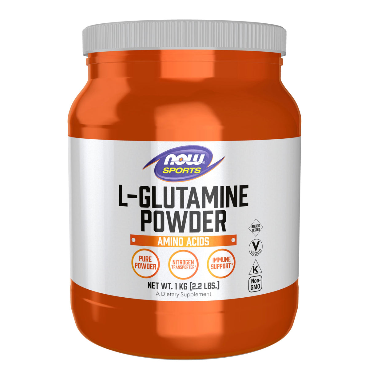 NOW Foods L-Glutamine powder bottle showcases a pure supplement for nitrogen balance support