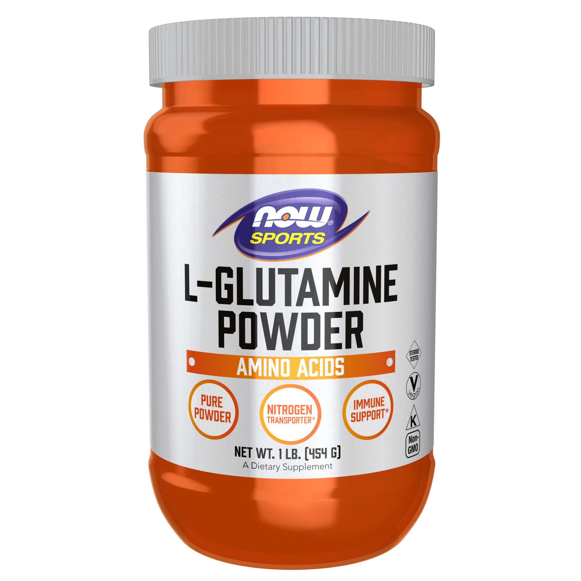 NOW Foods L-Glutamine powder in a jar for steady nitrogen transport during workouts.