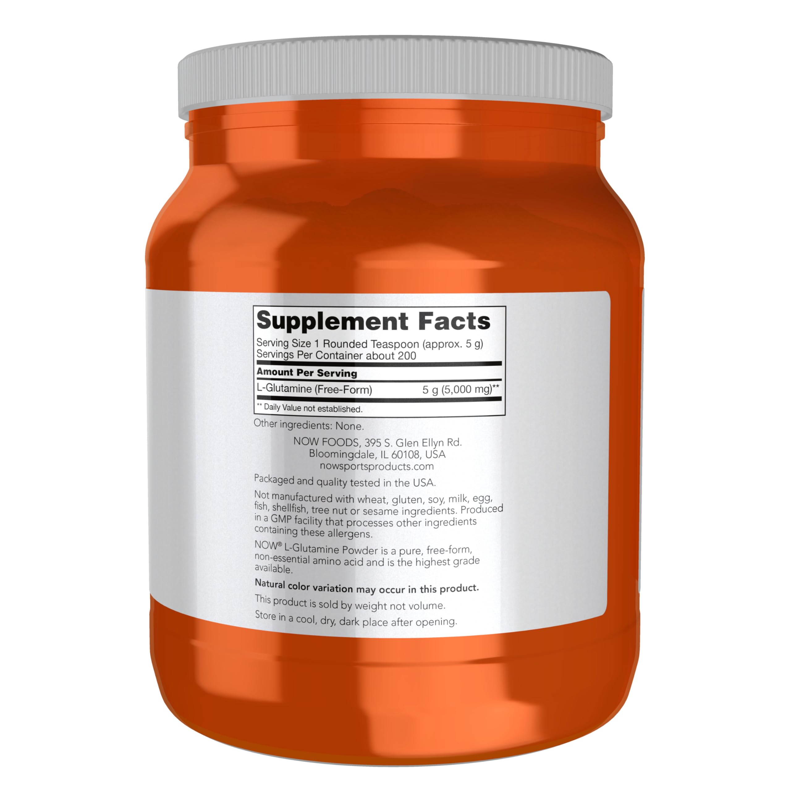 NOW Foods L-Glutamine powder pour illustrates easy pre- or post-workout use