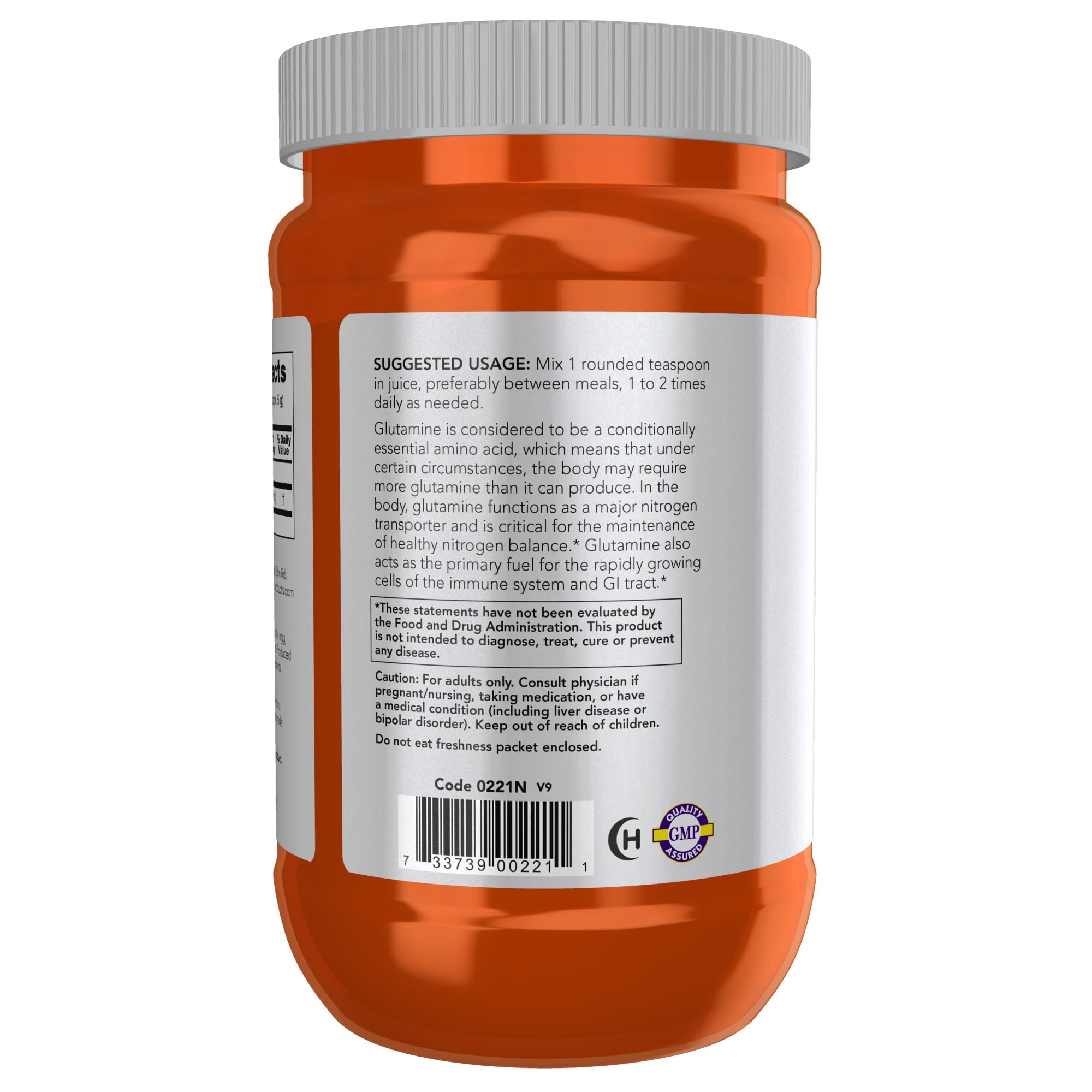 NOW Foods L-Glutamine powder being mixed into a glass of water for easy use.
