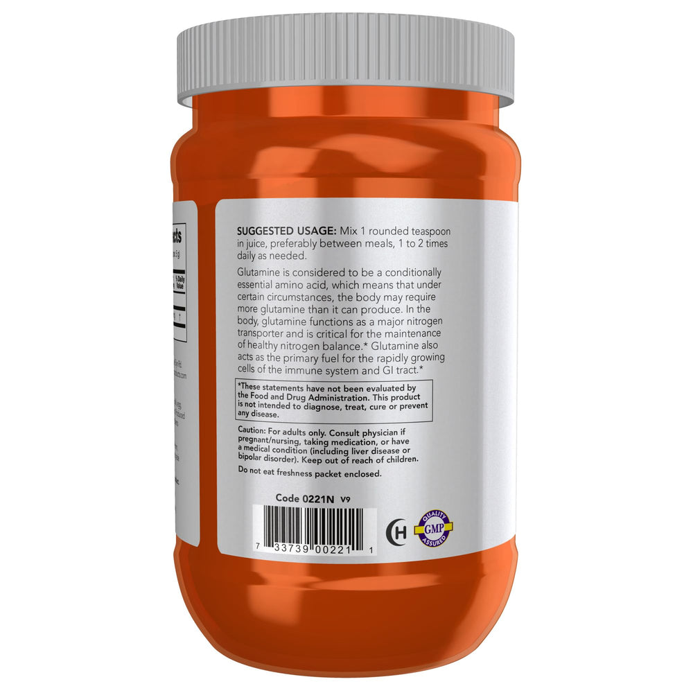 NOW Foods L-Glutamine powder being mixed into a glass of water for easy use.