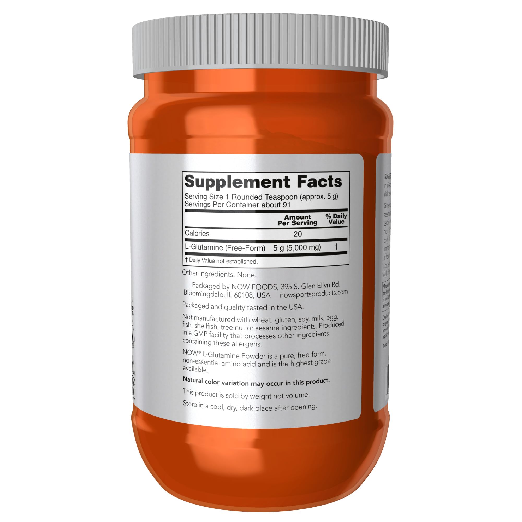 NOW Foods L-Glutamine powder with scoop for convenient pre- or post-workout use.