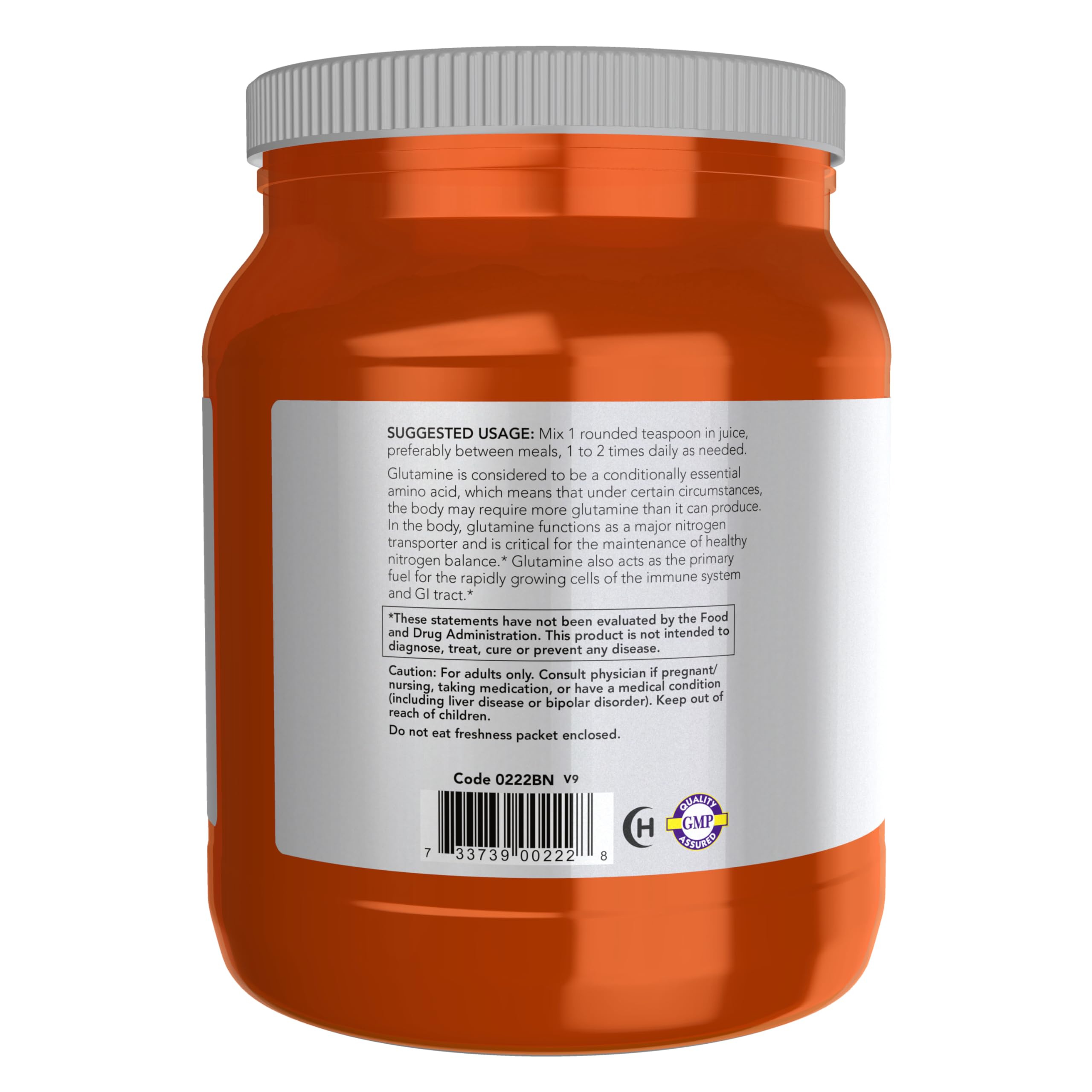 NOW Foods L-Glutamine powder scoop highlights convenient measurement for daily supplementation