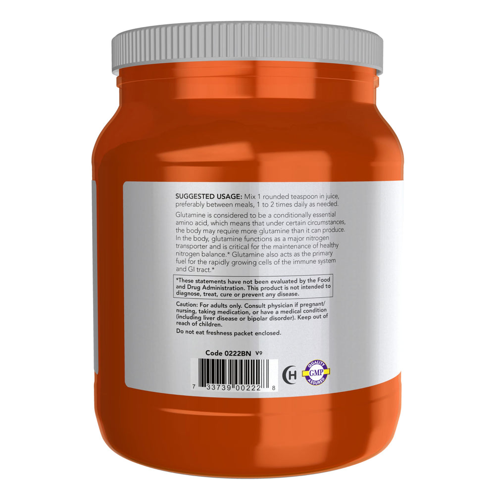 NOW Foods L-Glutamine powder scoop highlights convenient measurement for daily supplementation