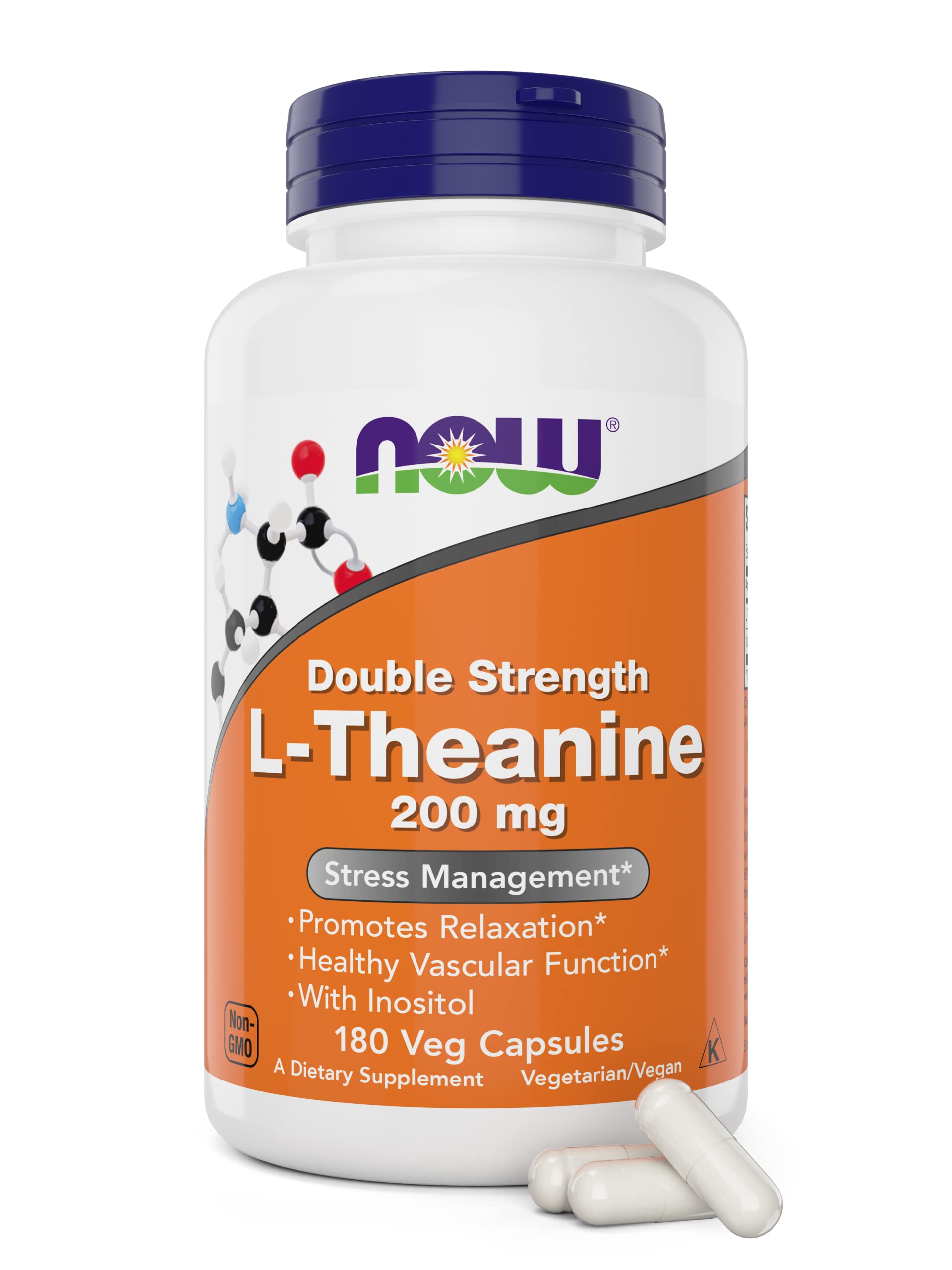 NOW Foods L-Theanine 200 mg bottle front showing its packaging and calm-use appeal.