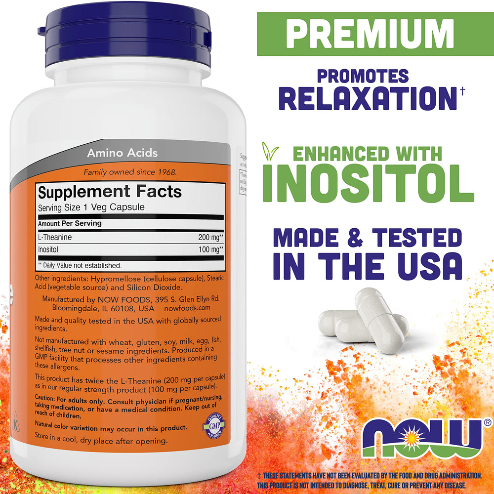 NOW Foods L-Theanine 200 mg capsules inside the bottle for easy daily use.