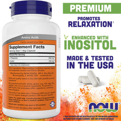 NOW Foods L-Theanine 200 mg capsules inside the bottle for easy daily use.