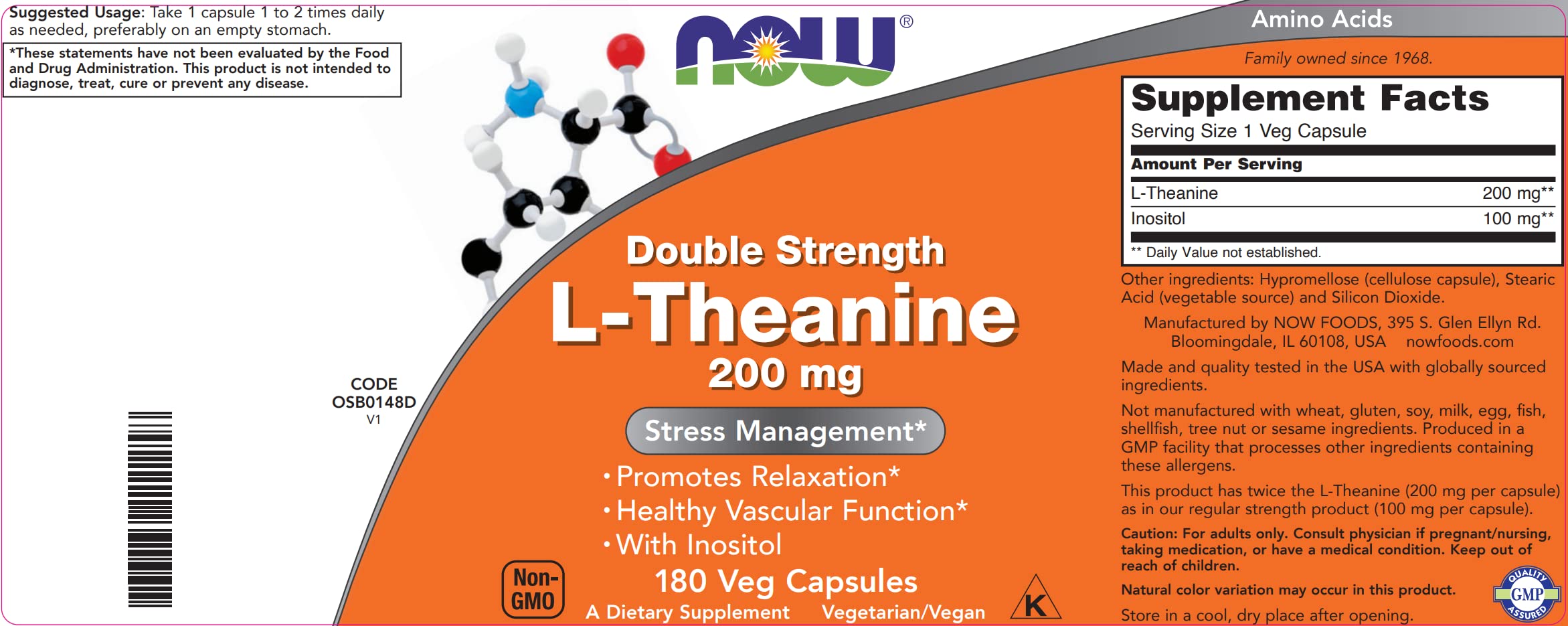 NOW Foods L-Theanine with 100 mg Inositol boosts daily calm and mental clarity.