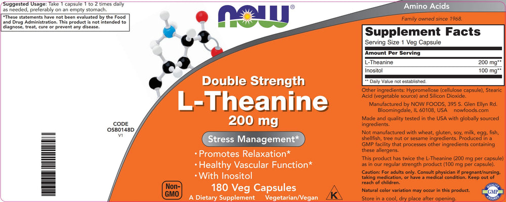 NOW Foods L-Theanine with 100 mg Inositol boosts daily calm and mental clarity.