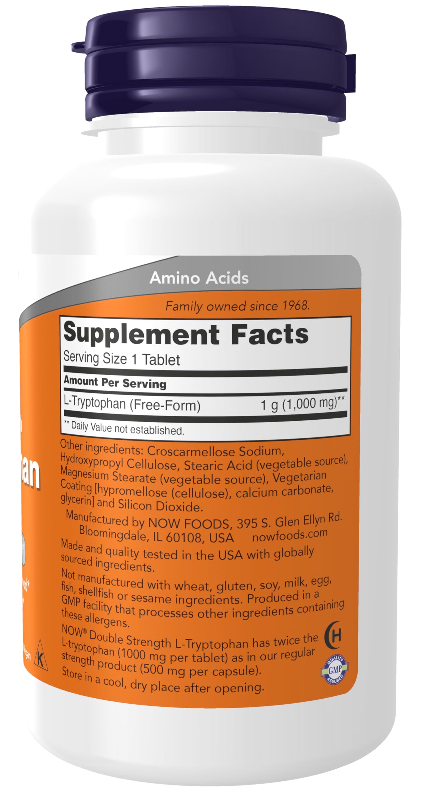 NOW Foods L-Tryptophan 1,000 mg bottle back label highlighting double strength.