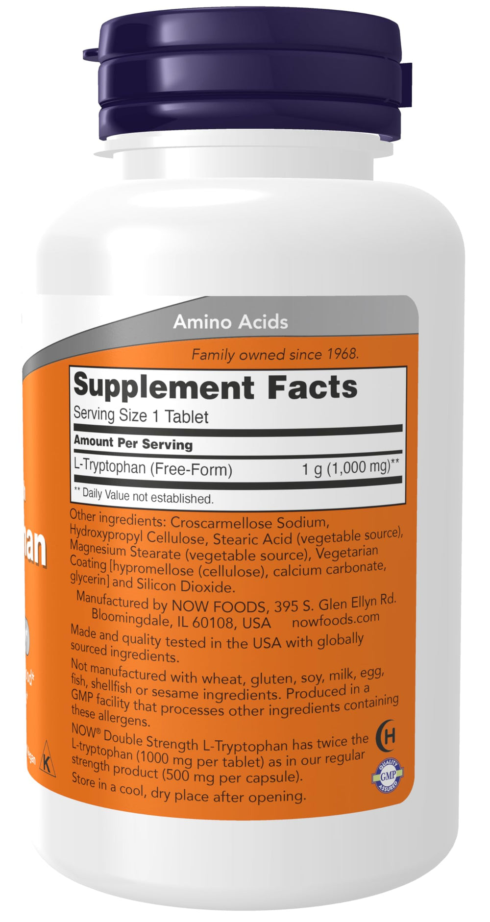 NOW Foods L-Tryptophan 1,000 mg bottle back label highlighting double strength.