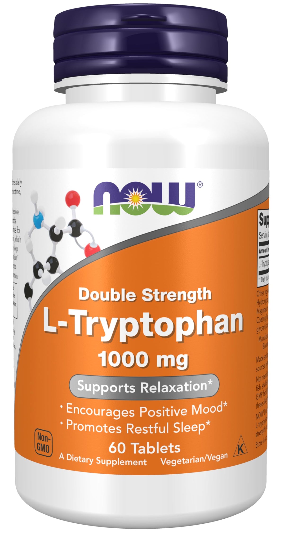 NOW Foods L-Tryptophan 1,000 mg tablets front view for daily mood balance.