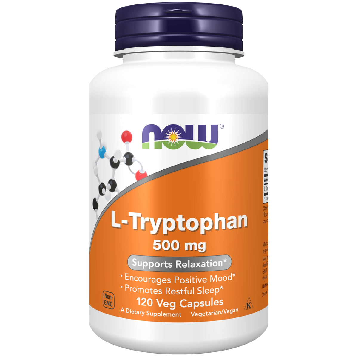 NOW Foods L-Tryptophan 500 mg bottle supports mood and sleep, view from the bottle.