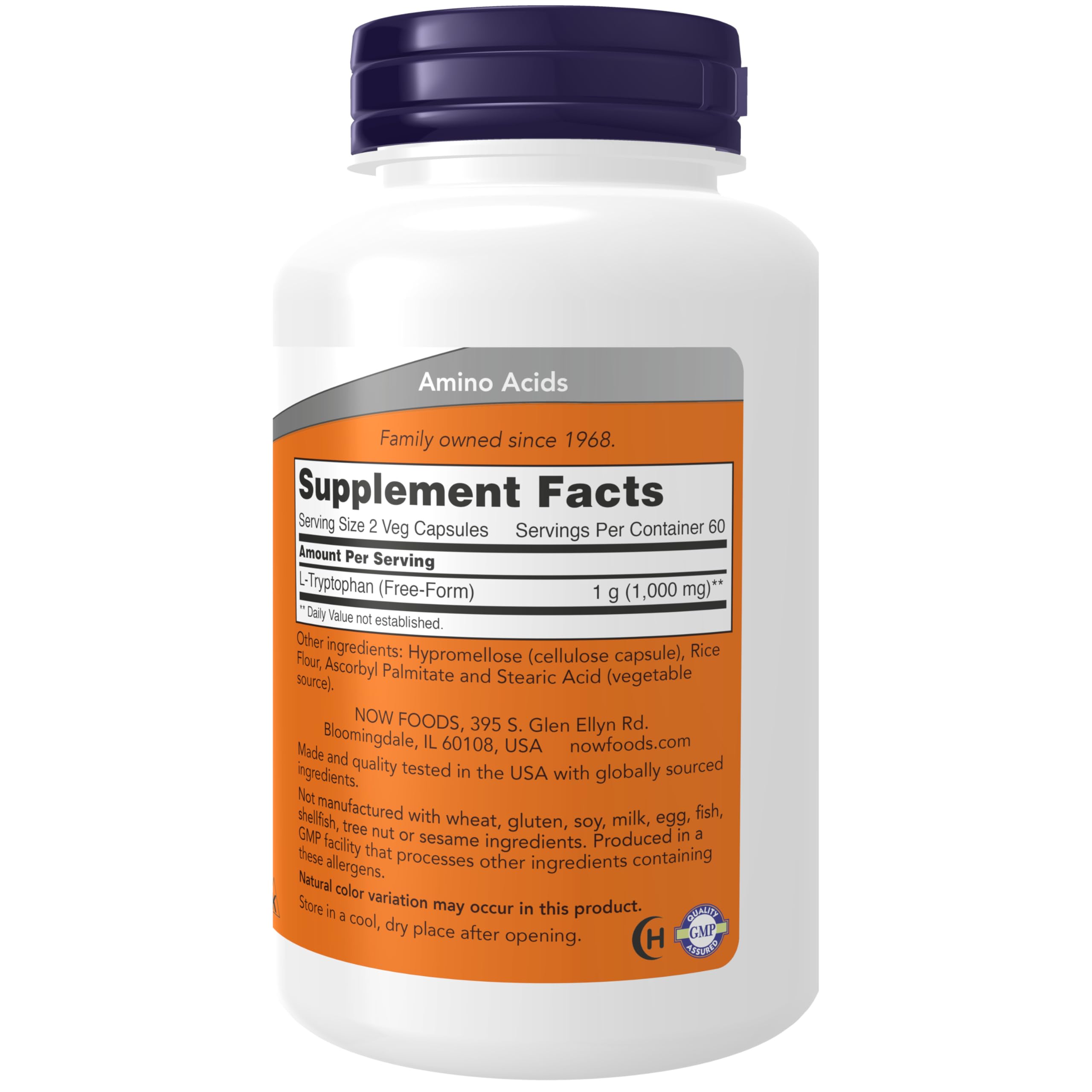 NOW Foods L-Tryptophan capsules closeup for easy daily use.