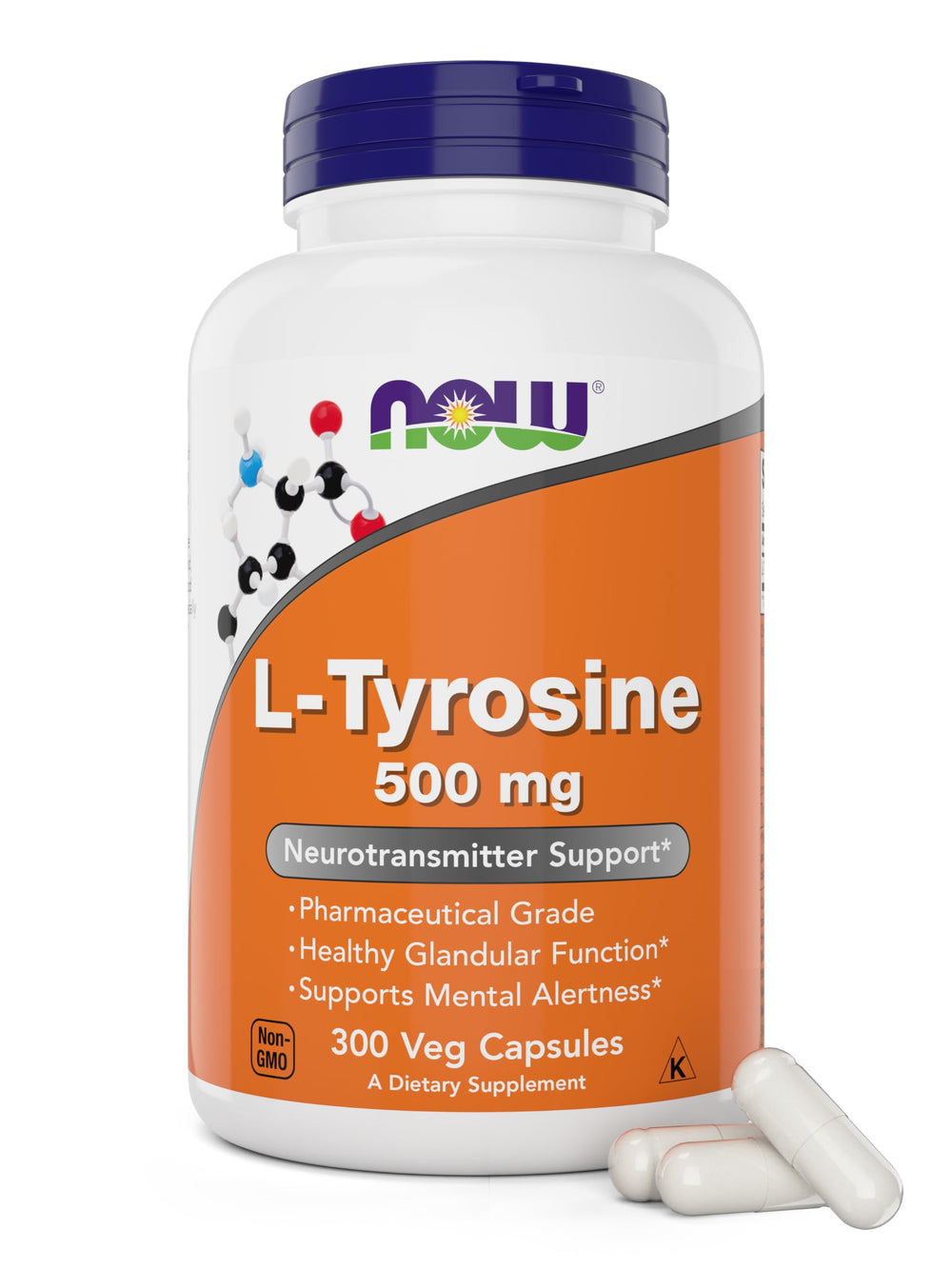 NOW Foods L-Tyrosine 500mg bottle front for daily mental focus.