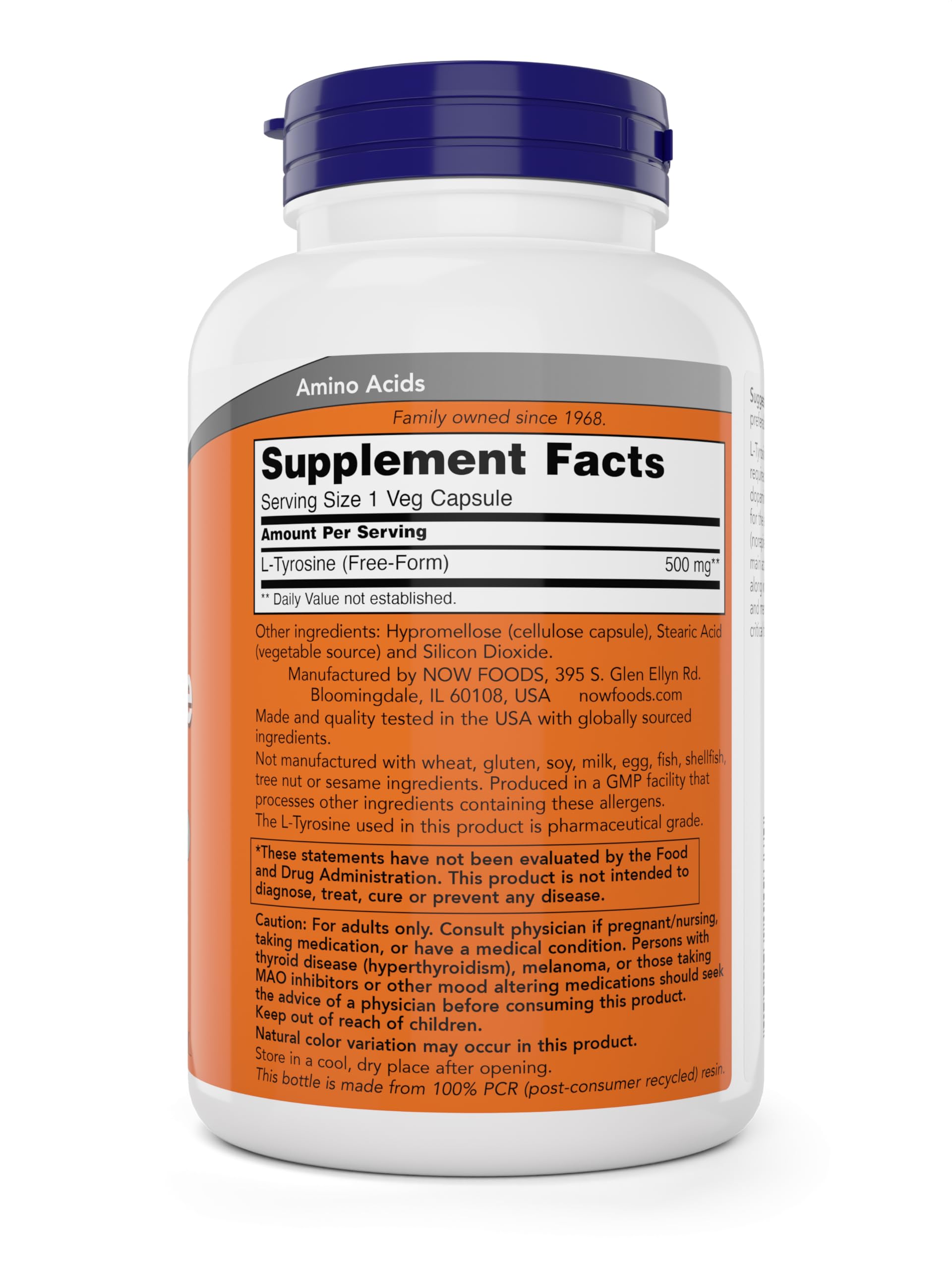 NOW Foods L-Tyrosine 500mg capsules close-up for neurotransmitter support.