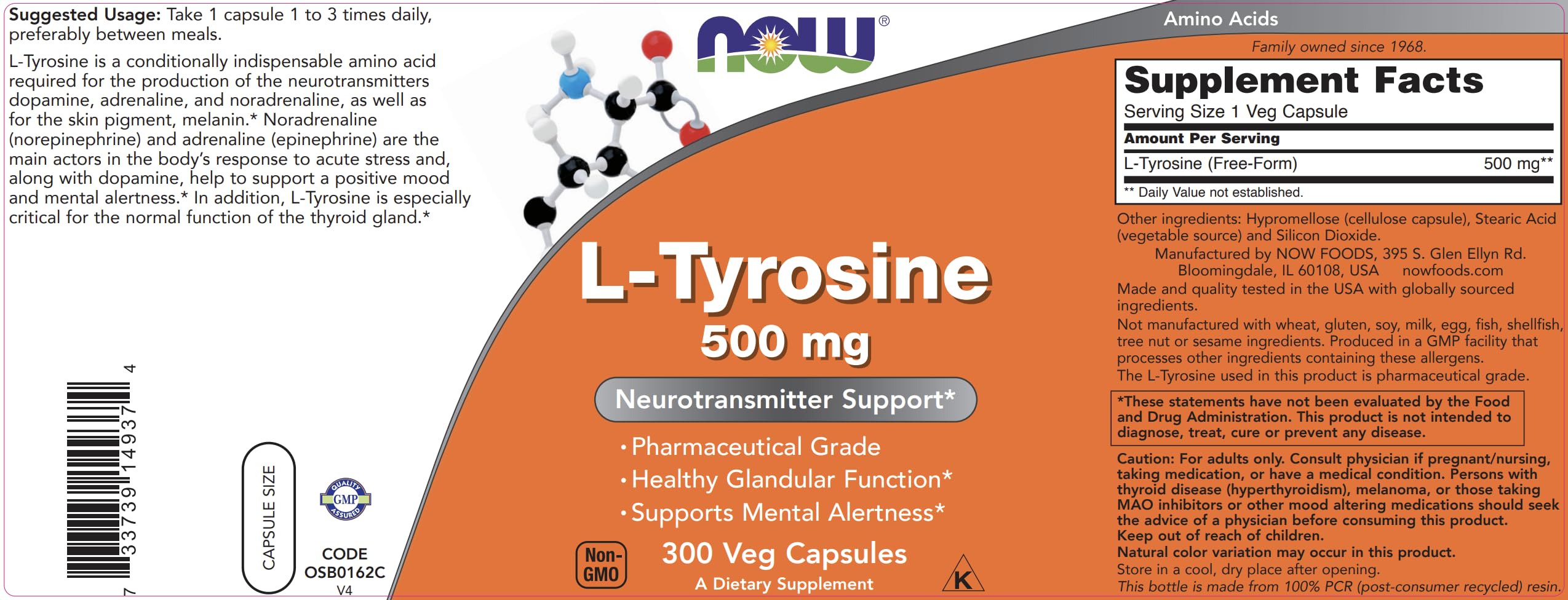 NOW Foods L-Tyrosine 500mg nutrition facts panel visible.