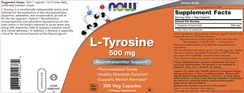 NOW Foods L-Tyrosine 500mg nutrition facts panel visible.